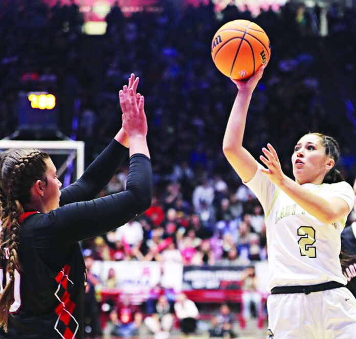 Mesa Vista’s Aubrey Maestas scored 11 points in the Class 2A state championship game, including a huge 3-pointer in the waning moments as the Lady Trojans won 49-47 over Tatum.