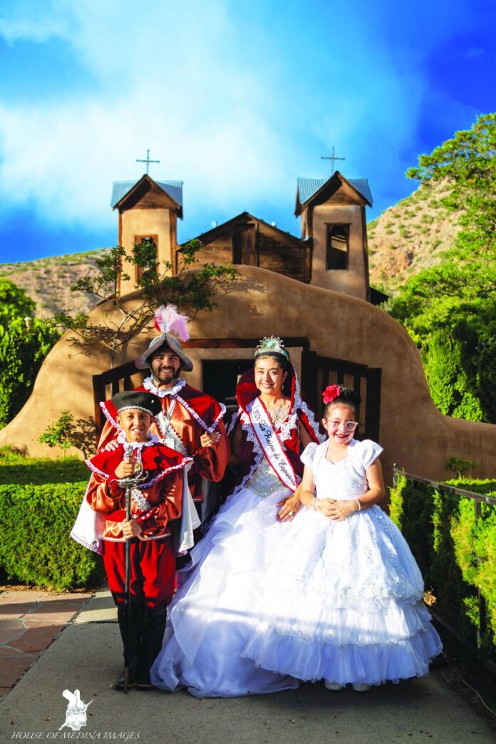Cristobal de Oñate 2026 Luis Jaramillo (front, left), Don Juan de Oñate Joshua P. Montoya, La Reina Monroe Martinez and Royal Page 2026 Jade Salazar are part of this year’s royal court.