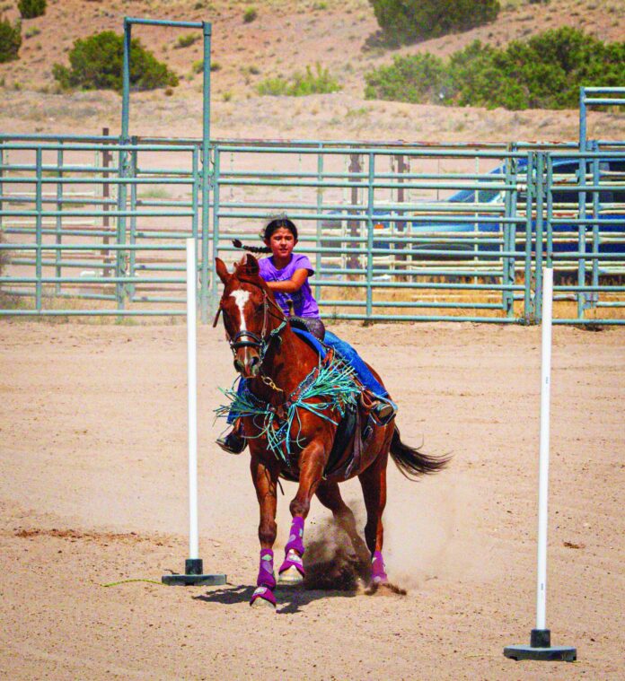 An unidentified participant in Dia del Vaquero rides her horse in the pole bending competition Saturday in Abiquiú.