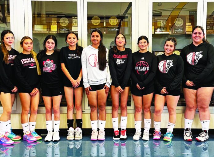 Under a new head coach, the Escalante volleyball team is looking to return the state tournament after a two-year absence. They are: Danica Ulibarri (left), Peyton Gallegos, Elexia Trejo, Isabella Baca, Shea Archuleta, Araseli Trujillo, Elise Martinez, Natalie Aguilar and Juanita Salazar.