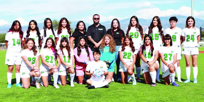 After a transitional year, the Pojoaque Valley girls soccer team is ready to show just how good it can be. The team is: Yareli Quintana (top row, left), Valentina Martinez, Mathea Bowie, Savannah Pacheco, Assistant Coach Leian Romero, coach Andrew Romero, assistant coach Alyssa Rodriguez, Paetyn Romero, Genesis Alvarado, Kamila Almeida, Nevaeh Dominguez; Mya Hinojos (bottom row, from left), Jacqueline Veleta, Diana Rivas, Nyana Reyes, Camila Rodriguez, Gerrianna Romero, Katelyn Sanchez, Ailyn Bencomo and Lauren Ulibarri.
