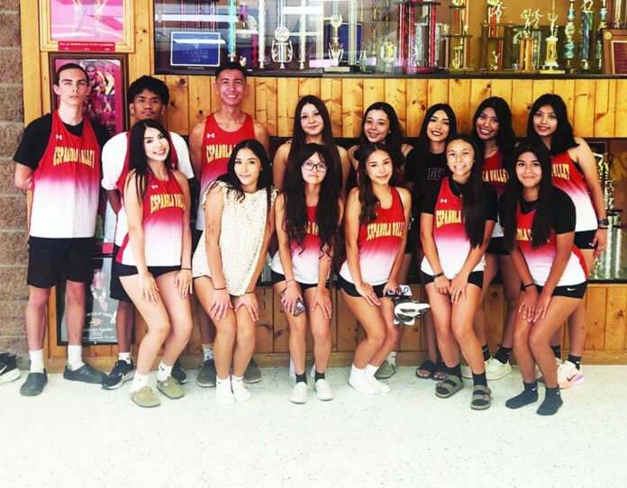 There is optimism this could be a strong year for the Española Valley boys and girls cross country teams. The teams are: Damian Whittaker (back row, left), Deionne Flordeliz, Elijah Martinez, Taylyne Aragon, Candi Romero, Breeana Martinez, Kennia Grajeda, Briana Grajeda; Jazlynn Maestas (front row, left), Jordynn Duran, Morgan Sandoval, Jayla Valdez, Elise Sanchez and Estrella Trujillo.