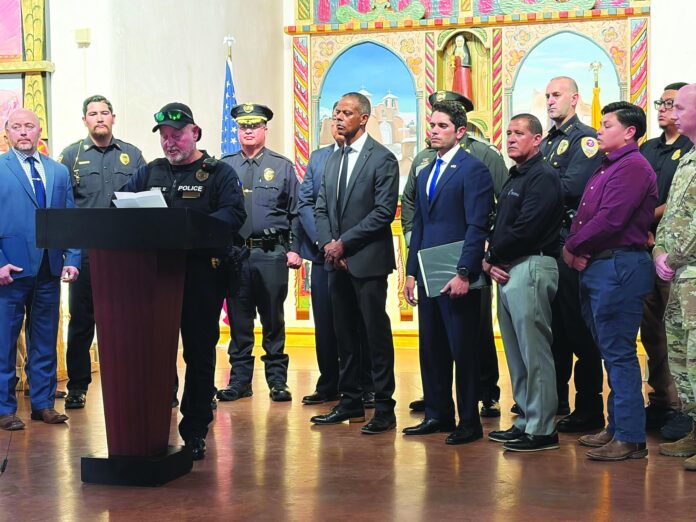 Española City Police Chief Jack Jones speaks during a press conference Sept. 2 at the convento on the Plaza de Española.